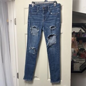 American Eagle Outfitters Blue Skinny Jeans with Distressed Details